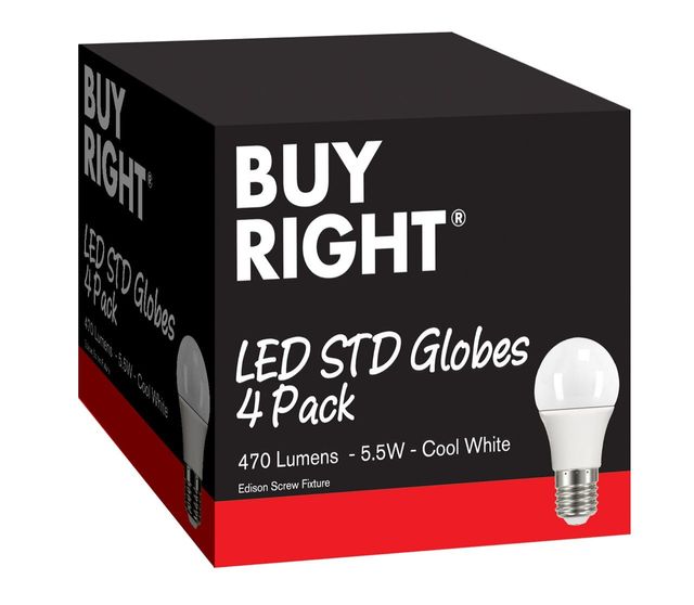 Buy Right® 5.5W LED Edison Screw Cool White GLS Globe Pack 4