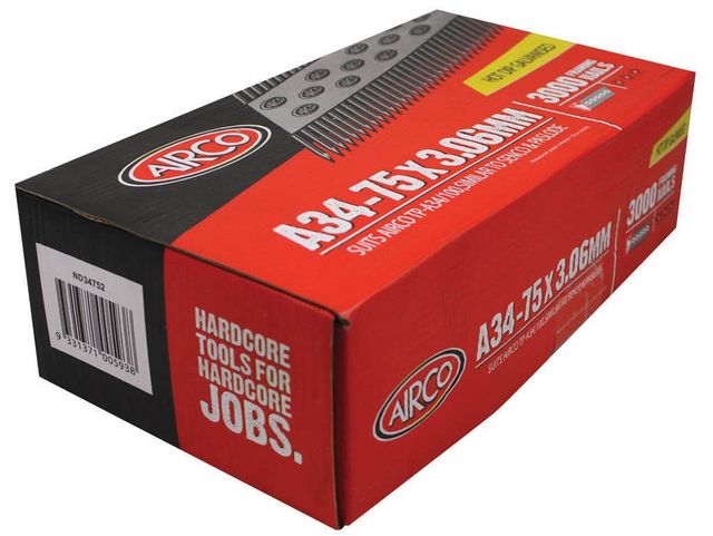 Airco A34 Collated Strip Nails 75 x 3.1mm - Box of 3000