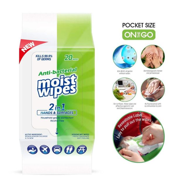 Antibacterial Wet Wipes 2 in 1 Hands and Surfaces - 20 Pack