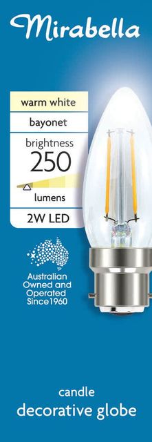 Mirabella LED Globe Filament Candle 2W BC Warm White