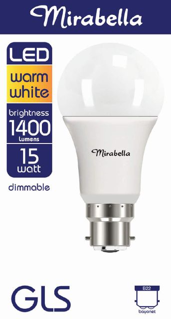 Mirabella LED Globe GLS 15w Dimmable BC Warm White Pearl